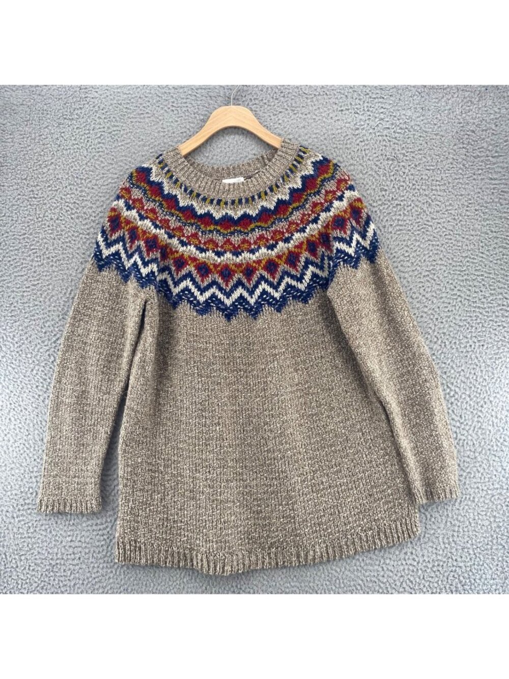 J Jill Sweater Women Medium Gray Multi Fair Isle Distressed Cotton Blend Stretch